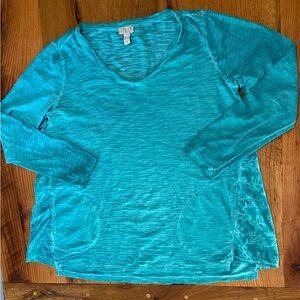 Logo by Lori Goldstein 100% Cotton Long Sleeve Heather Green V-Neck Top, Medium